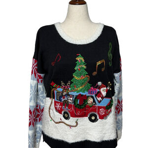 Christmas Ugly Holiday Sweater XXL Black Red Santas Party Van Tree Snowflakes